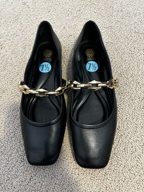 Vince Camuto Black Ballet Flats with Gold Chain Detail